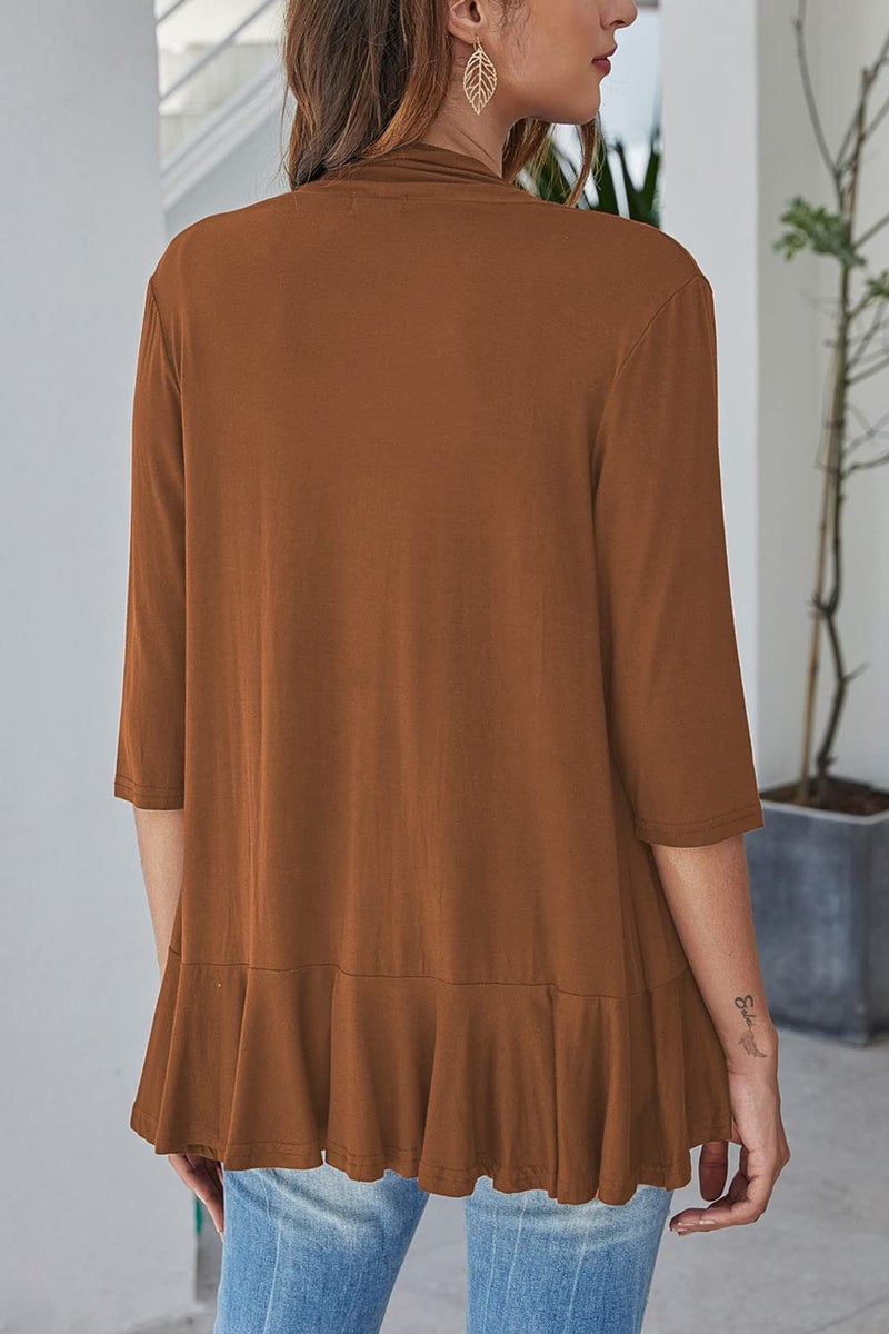 Bluetime Women Casual Lightweight Open Front Cardigans Soft Draped Ruffles 3/4 Sleeve Cardigan (XXL, Brown) - Image 4